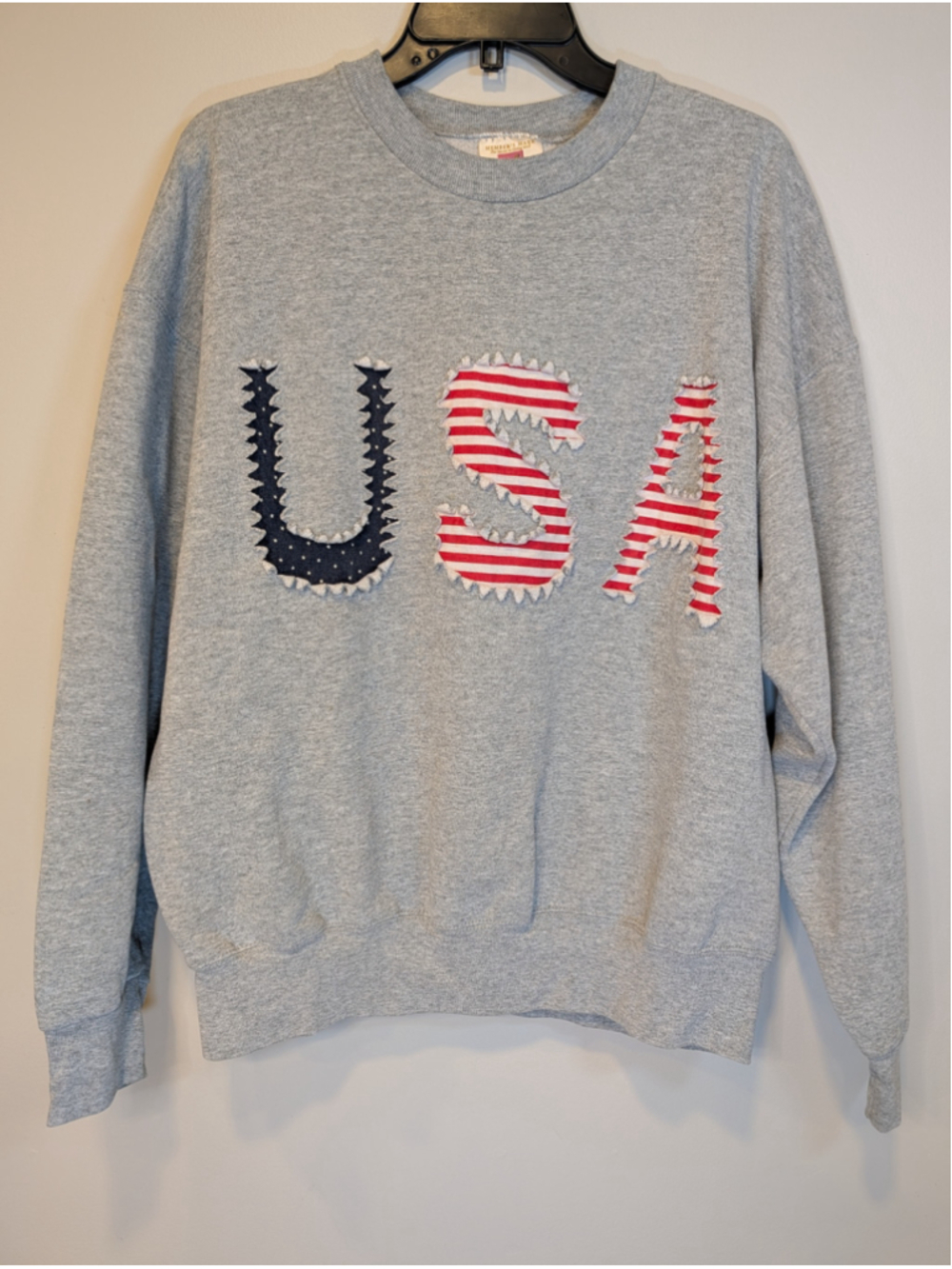 Vintage 90s USA Sweatshirt XL Reworked Applique American Flag Crewneck Gray